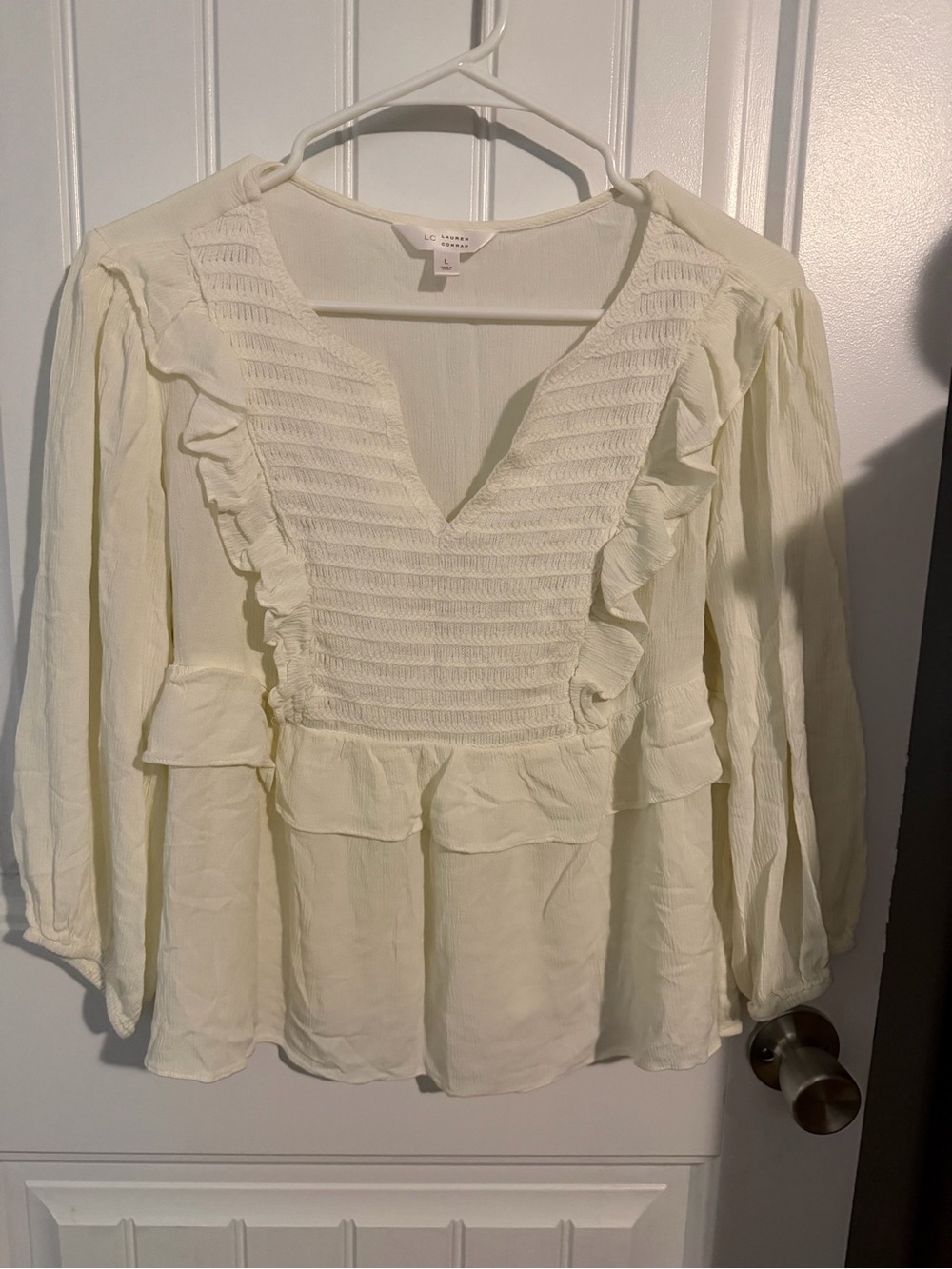 LC Lauren Conrad Cream Smocked Ruffle Peplum Blouse